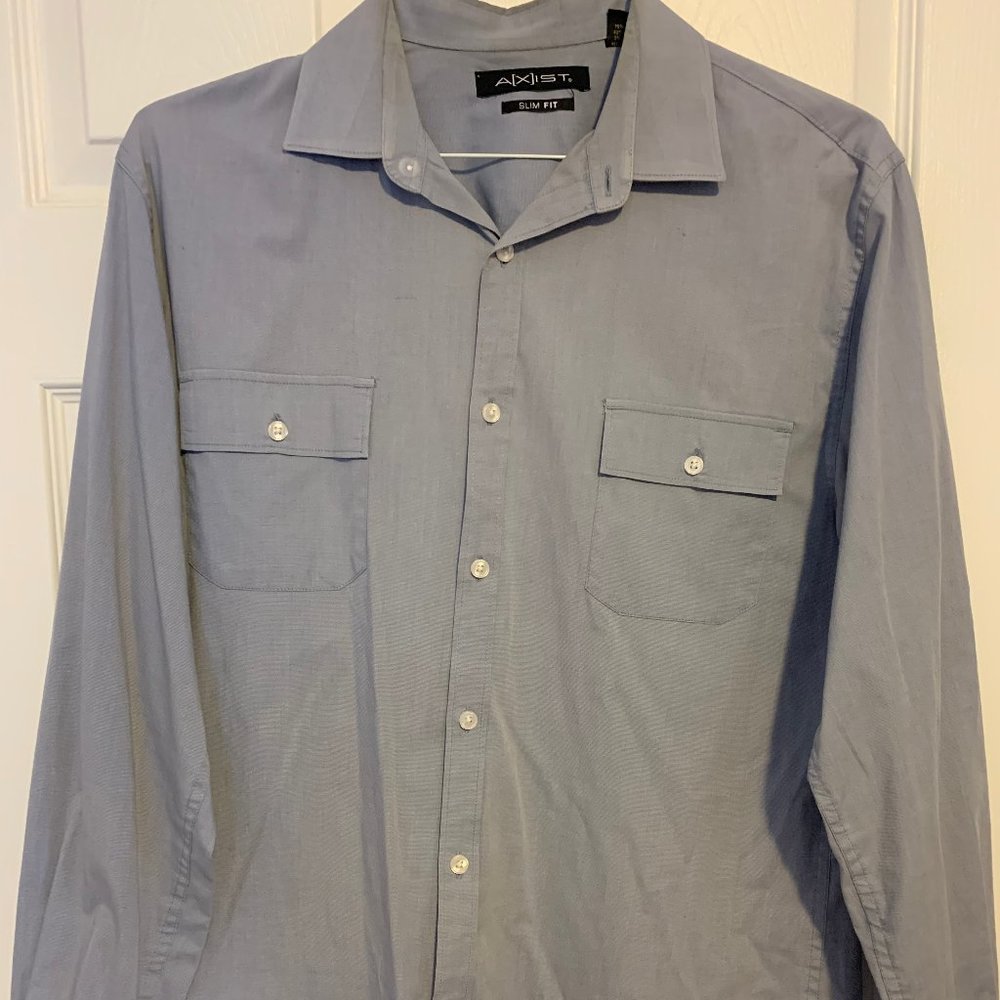 Men's Grey Button-Up Dress Shirt Long Sleeve 2 Chest Pockets